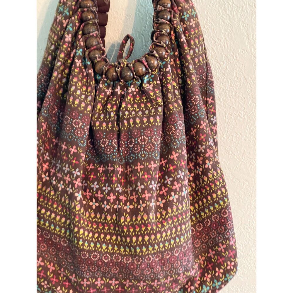 Vintage Floral Canvas Hobo Bag Wood Bead Handle Boho Brown Flowers Roomy 1980s - Picture 6 of 9